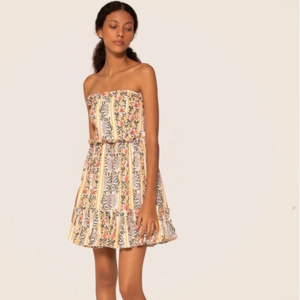 NWT Agua By Agua Bendita Rosa Ruffled Floral Cotton Strapless Mini Dress